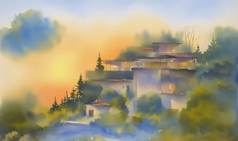 (masterpiece, best quality: 1.2), kthouse style - watercolor sketch, watercolor style, modern style villa, on a cliff with many ...