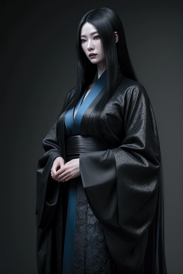 dark techno, cyberpunk,「Realistic image of a Asia Model She is elegant, pale, Perfect and long skin, Flowing black hair that blends with the surrounding shadows. Her kimono is exquisite and meticulous down to the last detail.., dark, Relaxing dark blue and black tones, Exquisitely decorated, Negative patterns that indicate a connection to the supernatural. 