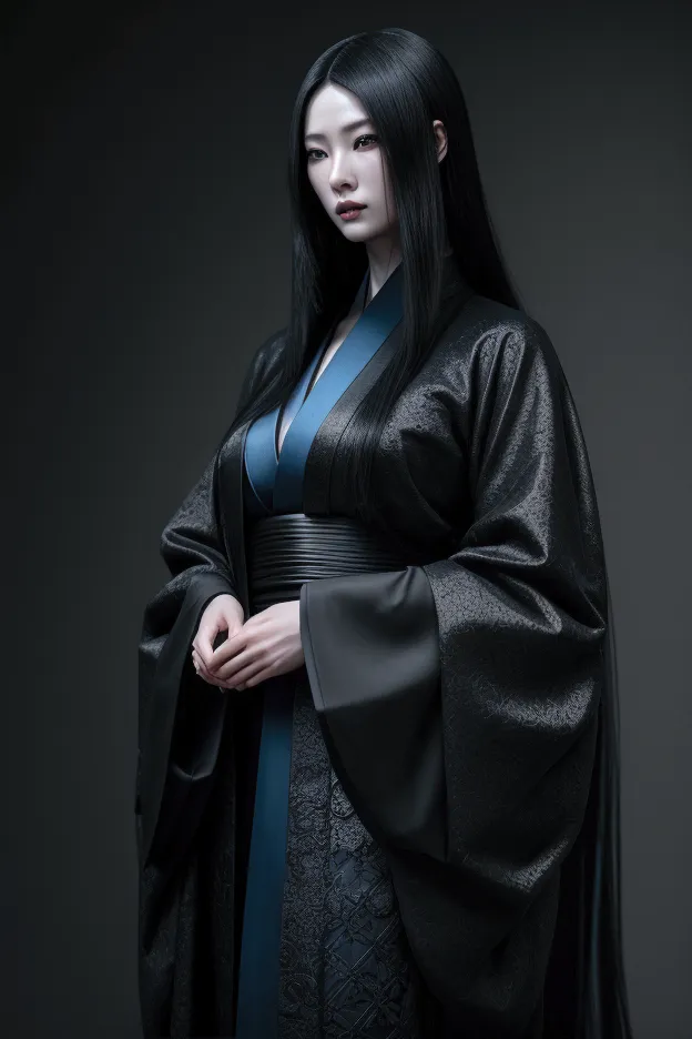 dark techno, cyberpunk,「realistic image of a asia model she is elegant, pale, perfect and long skin, flowing black hair that ble...