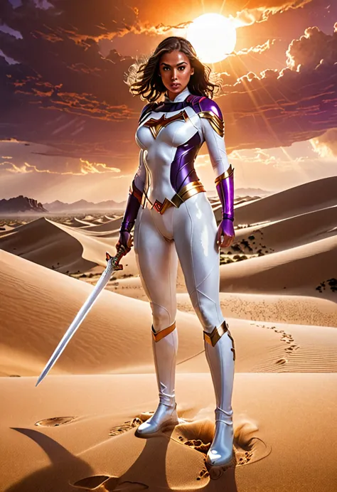 "show a superhero  super girl with heavy big breast in a sleek, white wet suit standing in a vast desert with towering sand dune...