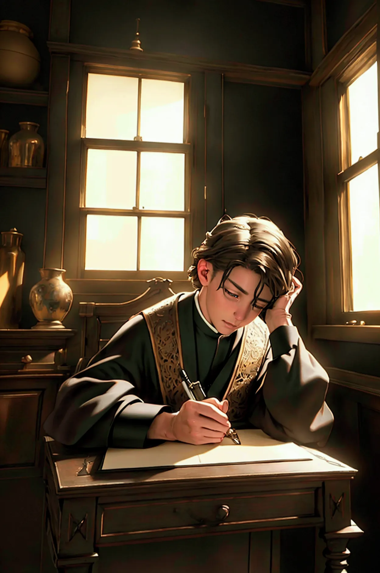 a young priest writing a letter at a desk, oil painting, realistic, intricate details, warm lighting, antique room interior, woo...