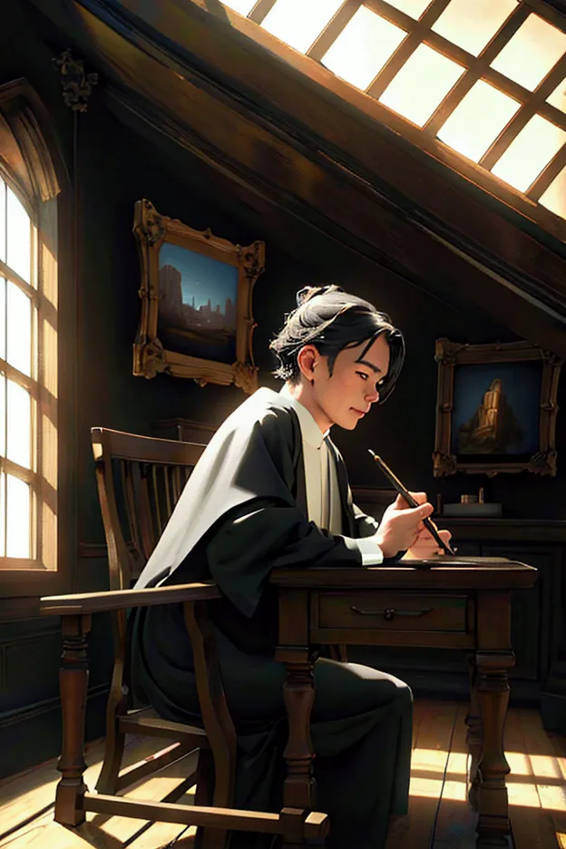 a young priest writing a letter at a desk, oil painting, realistic, intricate details, warm lighting, antique room interior, woo...