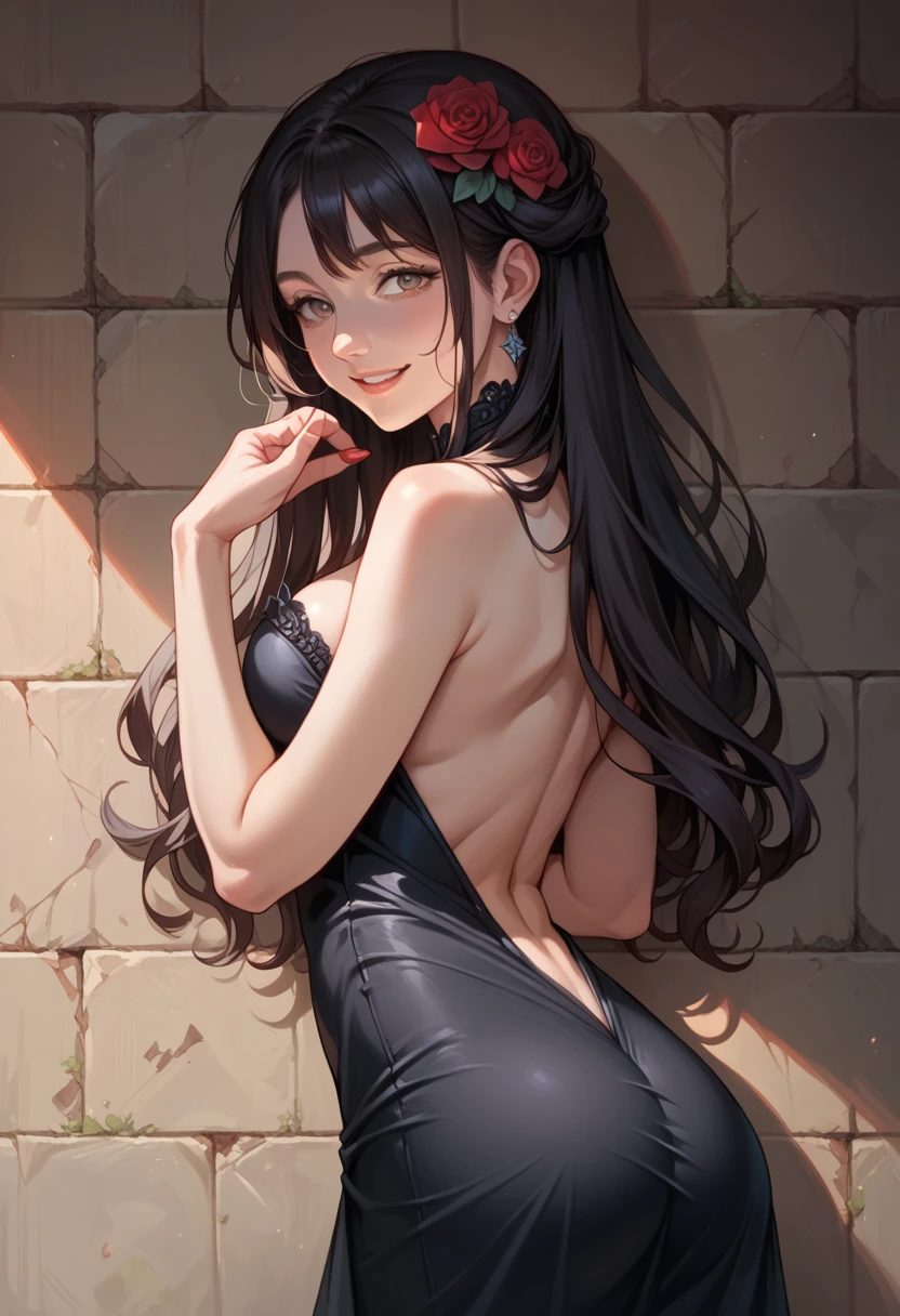 (photorealism:1.2), beautiful girl, hentai anime digital art, black long hair, seductive smiling face, she is fully covered, turning backwards, nice big ass, she is fully covered in black princess gown, slim, background of a red royal stone wall