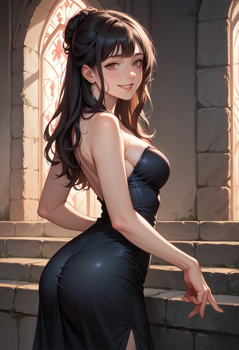 (photorealism:1.2), beautiful girl, hentai anime digital art, black long hair, seductive smiling face, she is fully covered, turning backwards, nice big ass, she is fully covered in black princess gown, slim, background of a red royal stone wall