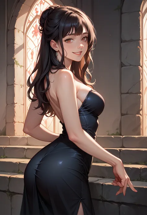 (photorealism:1.2), beautiful girl, hentai anime digital art, black long hair, seductive smiling face, she is fully covered, tur...