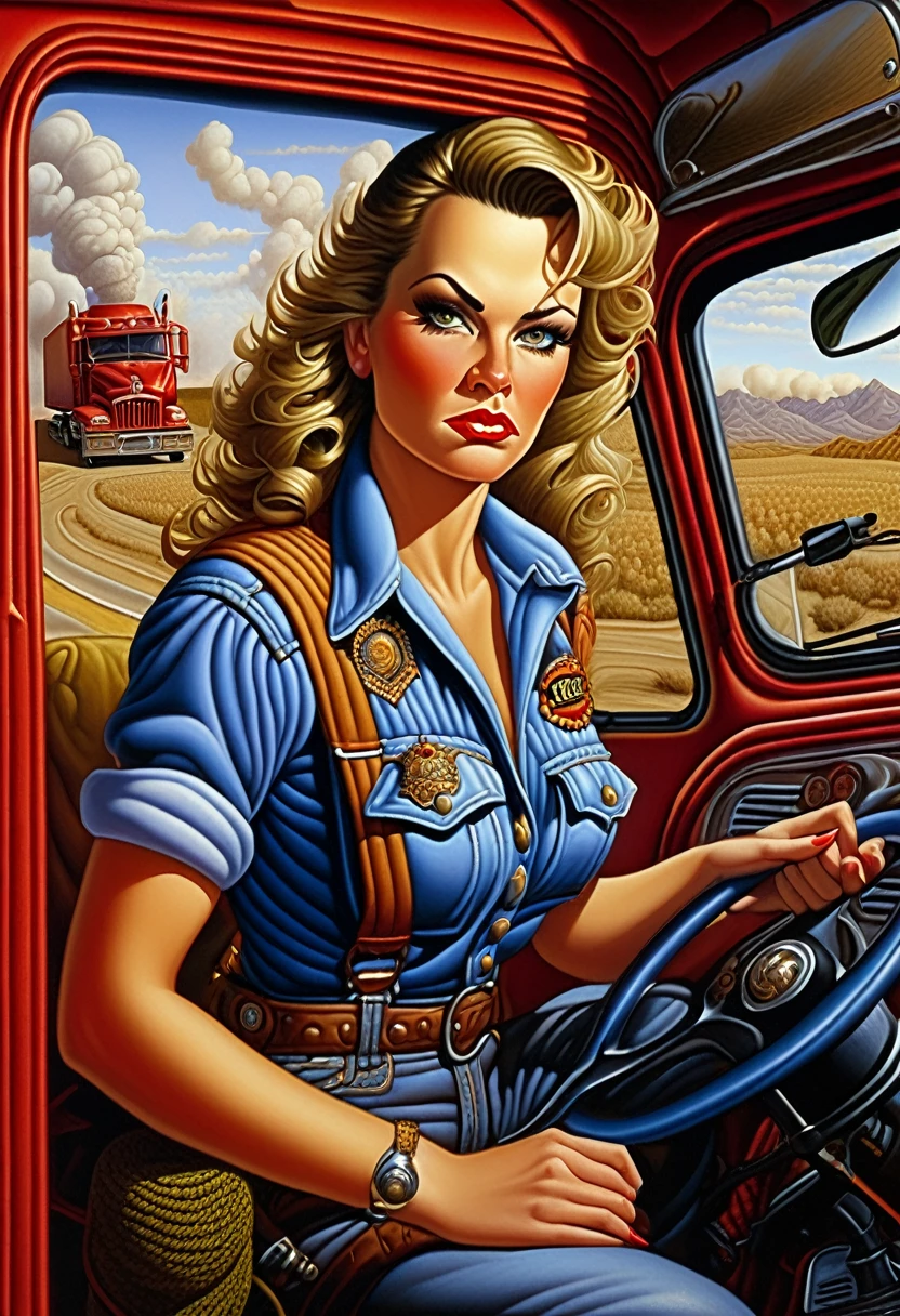 Female truck driver, 8k, super detailed, Dangerous, Todd Schorr