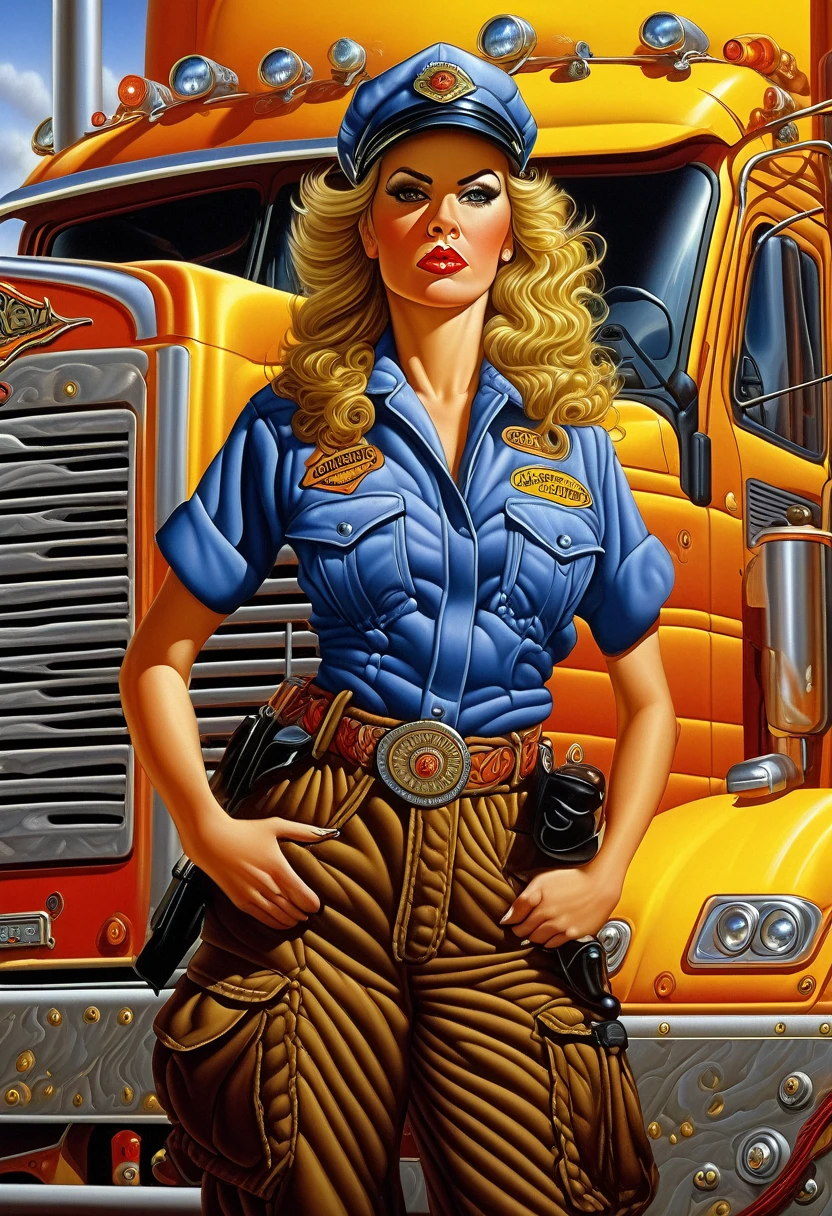 Female truck driver, 8k, super detailed, Dangerous, Todd Schorr