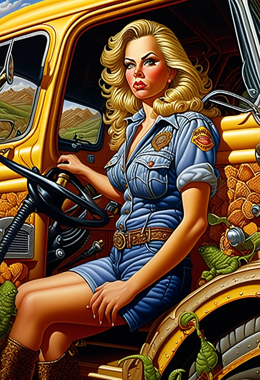 Female truck driver, 8k, super detailed, Dangerous, Todd Schorr