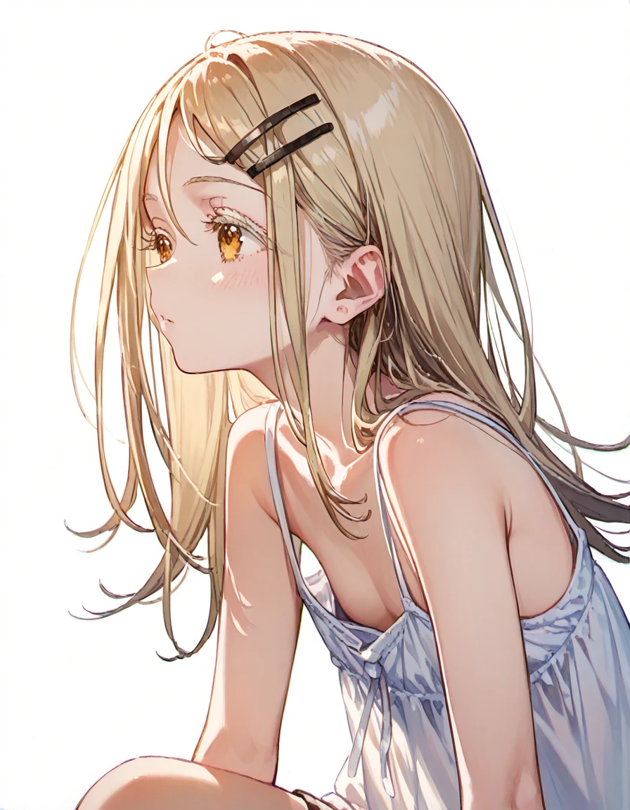 shinosawa hiro,slender,amber eyes,white eyelash,blonde hair,long hair,hairclip,white background,flat chest,camisole,leaning forward,downblouse,,blush,from side,