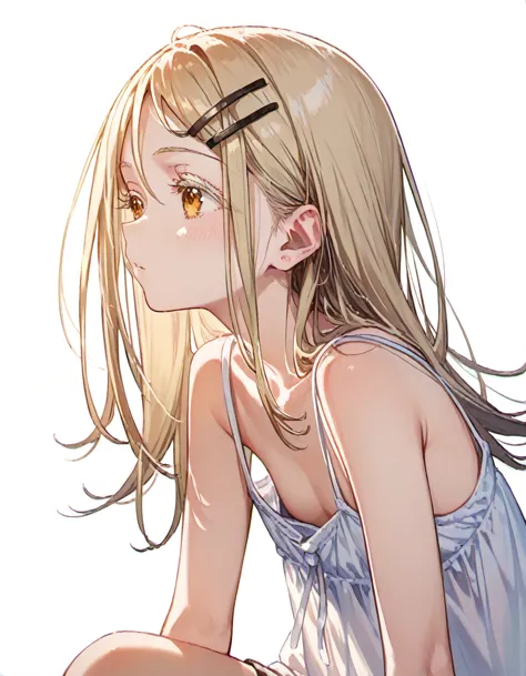 shinosawa hiro,slender,amber eyes,white eyelash,blonde hair,long hair,hairclip,white background,flat chest,camisole,leaning forw...