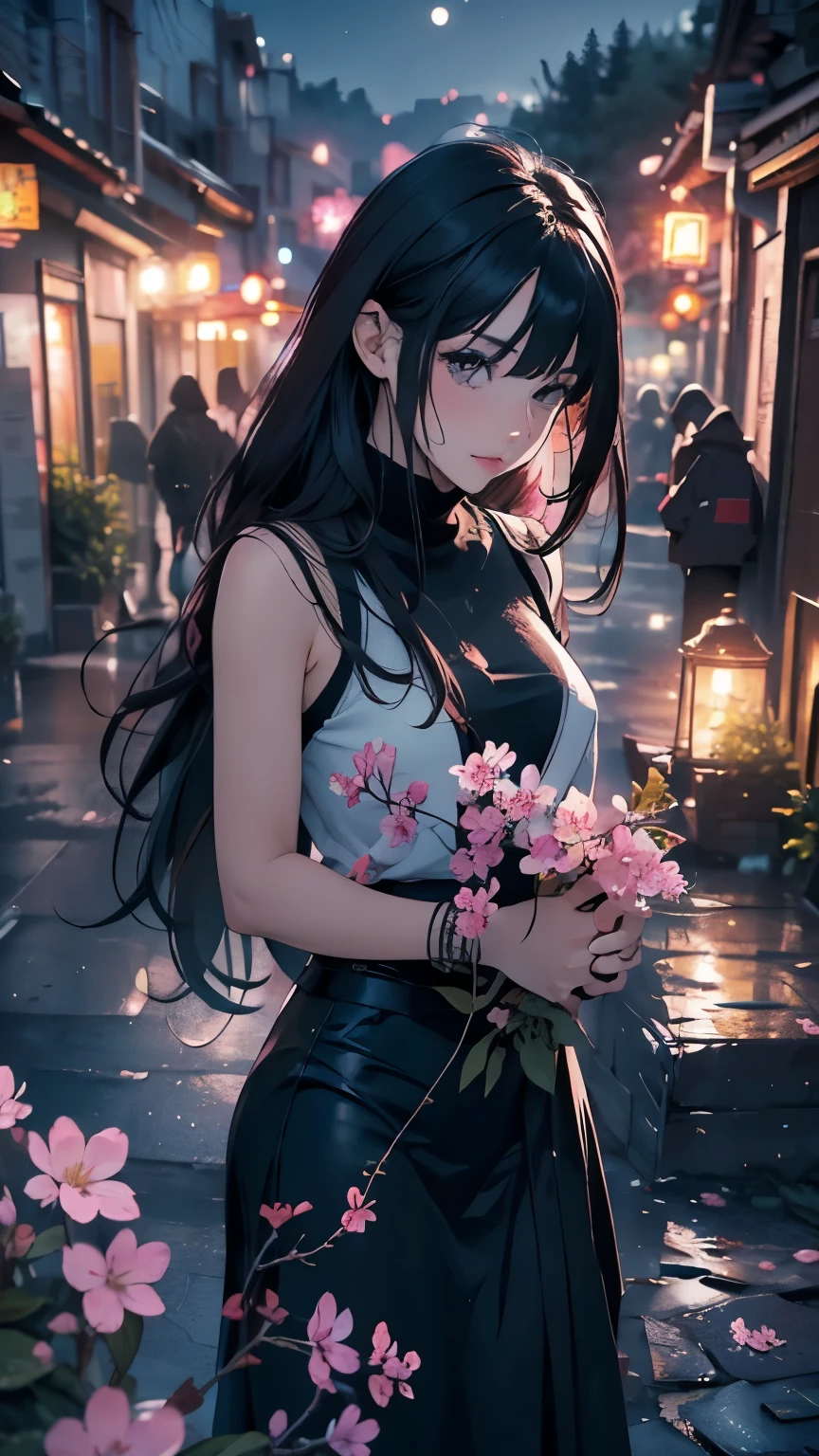 work of art, best qualityer, natta, moutain, fullmoon, long black hair, Woman, firefly, stele, mysterious cherry blossom, pink leaves, high qualiy, beautiful graphics, high détail