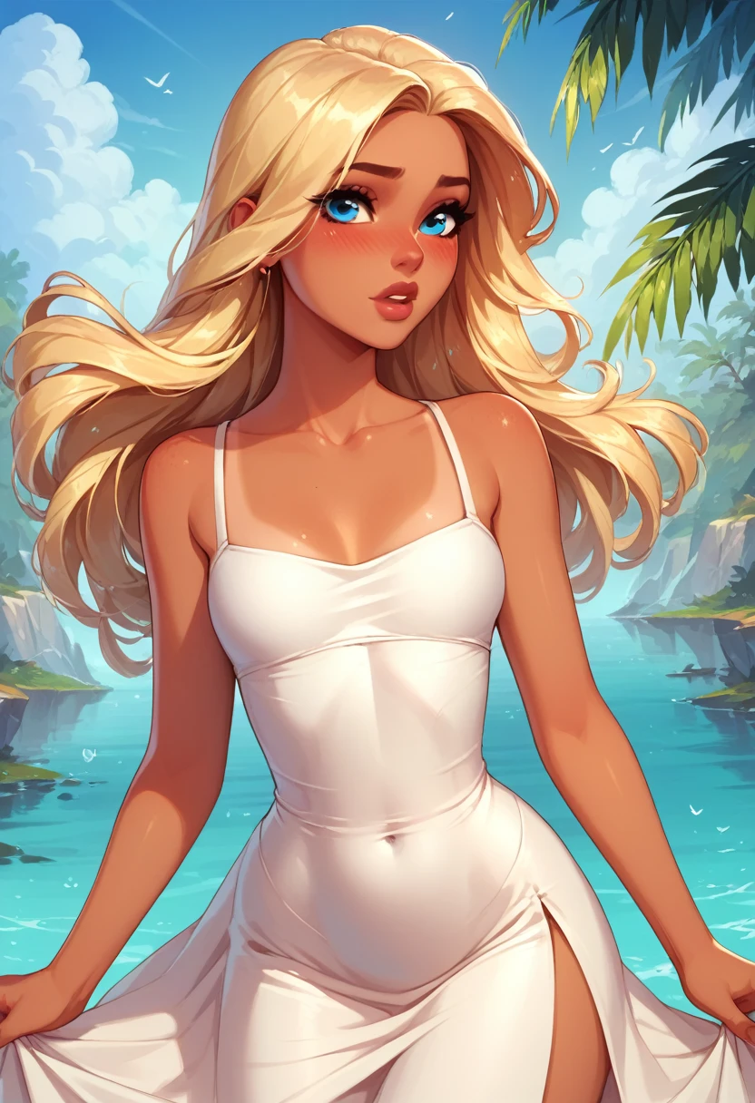 score_9, score_8_up, score_8, sun dress. Adult female, voluptuous, 
(skinny)), long blonde hair,), very detailed facial features, blushing, full lips, bronze skin, tan, Big blue eyes,