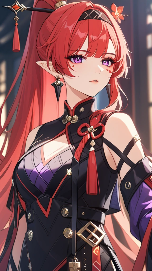 1girl,bangs,jewelry,ponytail,hairband,earrings,red hair,purple eyes,hair ornament,pointy ears,long hair,hair stick,facial mark,solo,mole,