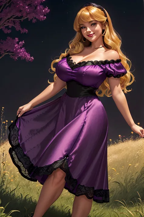 disneyaurora, full body view beautiful woman (((shoulder length wavy honey blonde hair, two side up with bangs))) defined body, ...