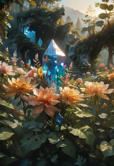 phoenix, skyrim. sunset. horizontal planes, crystals, flowers and plants