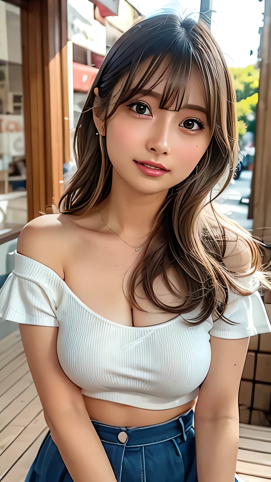 Light brown hair、(tanned skin1.5)（Smile 1.6）、4K,Highest quality、Masterpiece、Selfie from diagonally above、cute、Mid-chest、 Cleavage、With bangs、Loose and fluffy hair、 False eyelashes、eyeliner、Highly detailed face and skin texture、False nails、Off-the-shoulder cropped T-shirt、mini skirt、Cafe Terrace