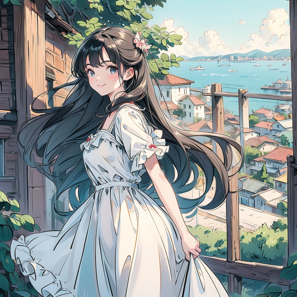 very cute and beautiful girl,Teen,White sundress with ruffles,(Very detailed美しい顔),
walk up the slope to the top of the hill,(Mediterranean cityscape by the sea),distant port,Beautiful summer sky,
Cowboy Shot,(smile:1.2),(Recall,From behind),Wavy black hair,Dynamic Angle,View your viewers,
(Highest quality,masterpiece:1.2),Absurd,High resolution,Very detailed,Very detailed,32K,8k resolution,
Intricate details,Movie Scenes,Detailed Background,alone,Dynamic Angle,
Natural light,Hair blowing in the wind,Perfect hands,