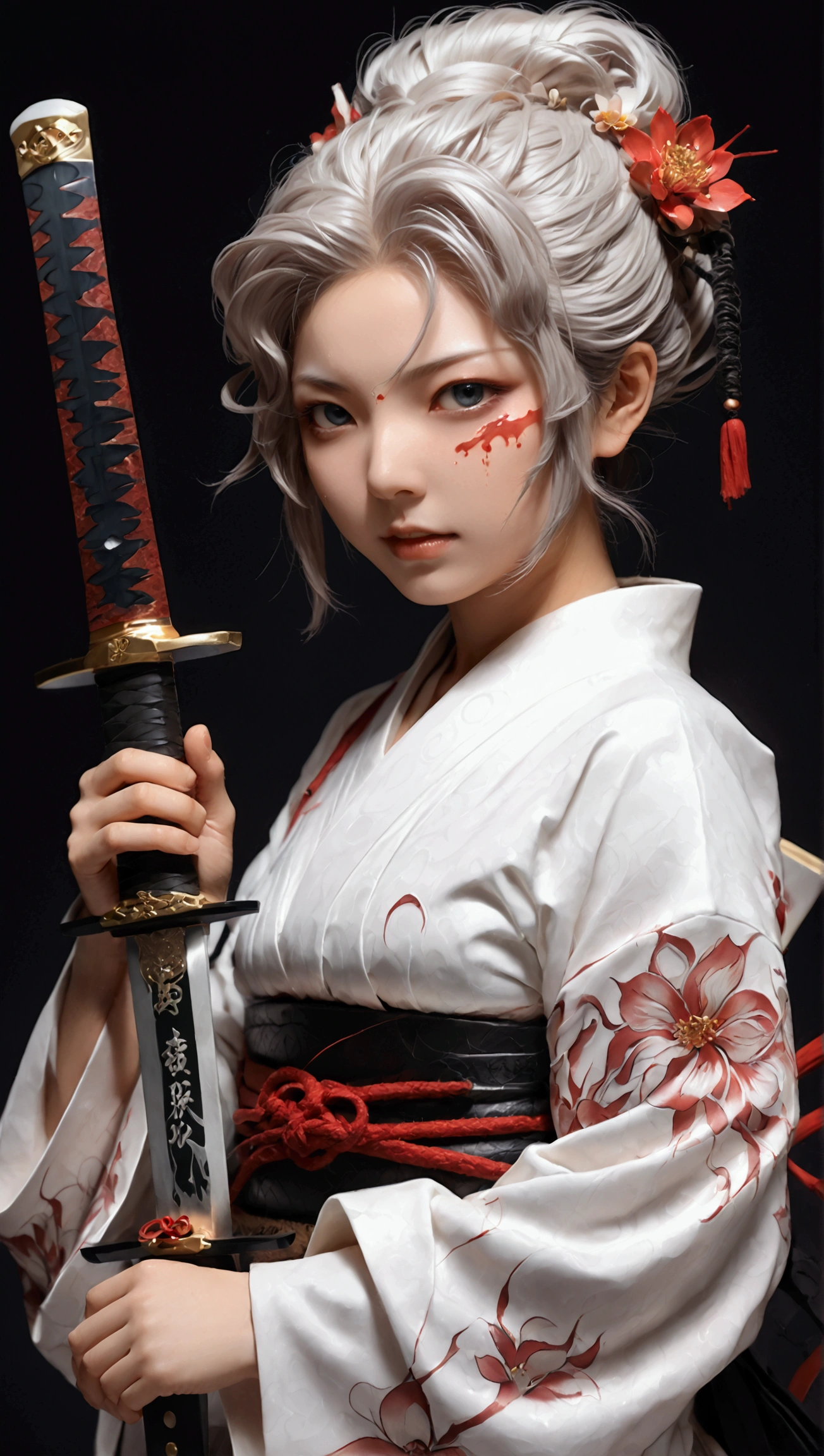 (Japanese sword &reference;Muramasa 2&reference;.2)Two beautiful women、Japanese swordを持った女性、Shinobi Costume、Warrior、Clear Eyes、{Arm tattoo、Warrior、Realistic battle scenes、敵Warriorの返りBlood、Blood、High resolution、Highest quality、Very detailed、8k、background、