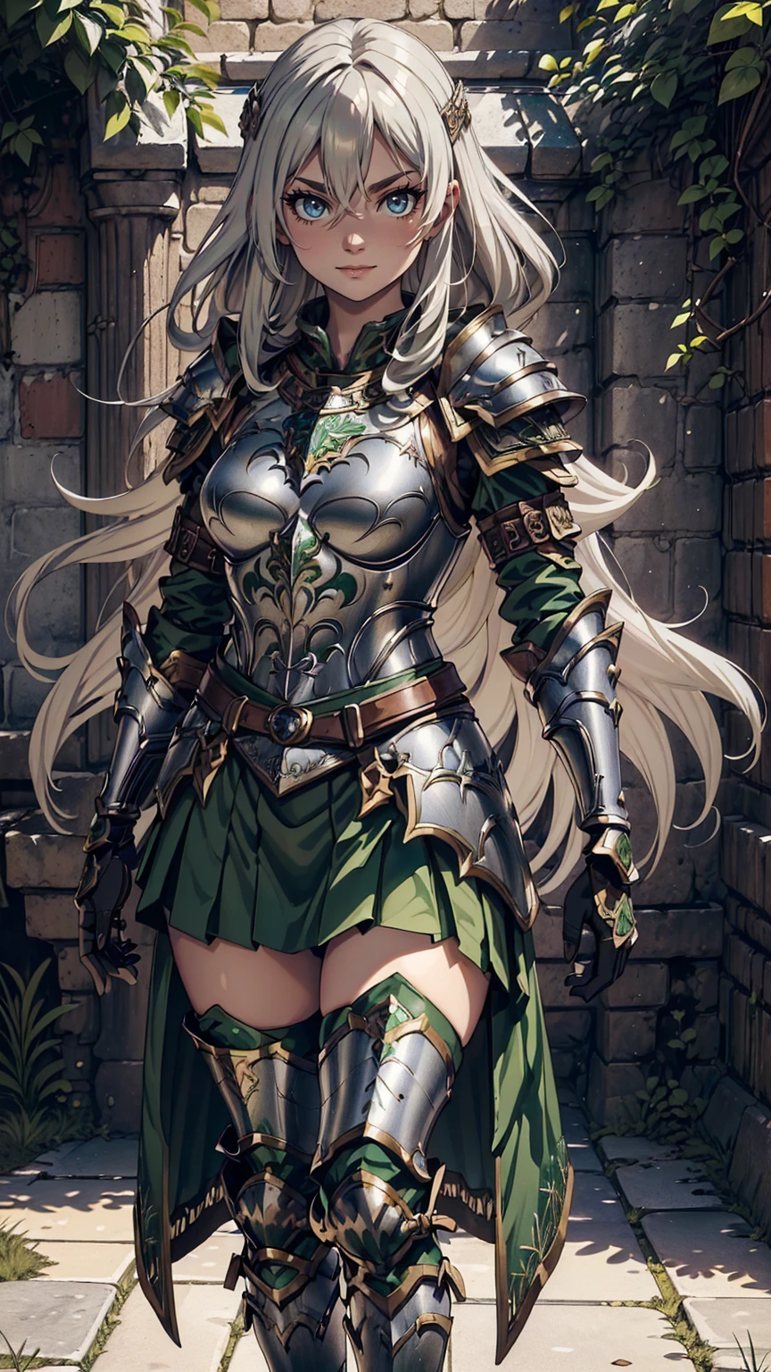 最high quality、Ultra High Definition, Ultra High Quality, Hyper Detailed, Extremely Detailed, Best image quality、masterpiece、anime woman((20-year-old、super dynamic pose , Dancing, Green solid eyes, Silver long Hair 、Disheveled Hair 、Long White Hair, Glove、Green Skirt,  Nature Design Armor, She is smiling like a villain, cheerful expression, charismatic, Detailed Cuirass , Wearing  Full Coverage Fantasy Plate Armor, leg armor))Beautiful art、background((Inside the castle))、Written boundary depth、anime style,Visual Art, 8K,Genuine