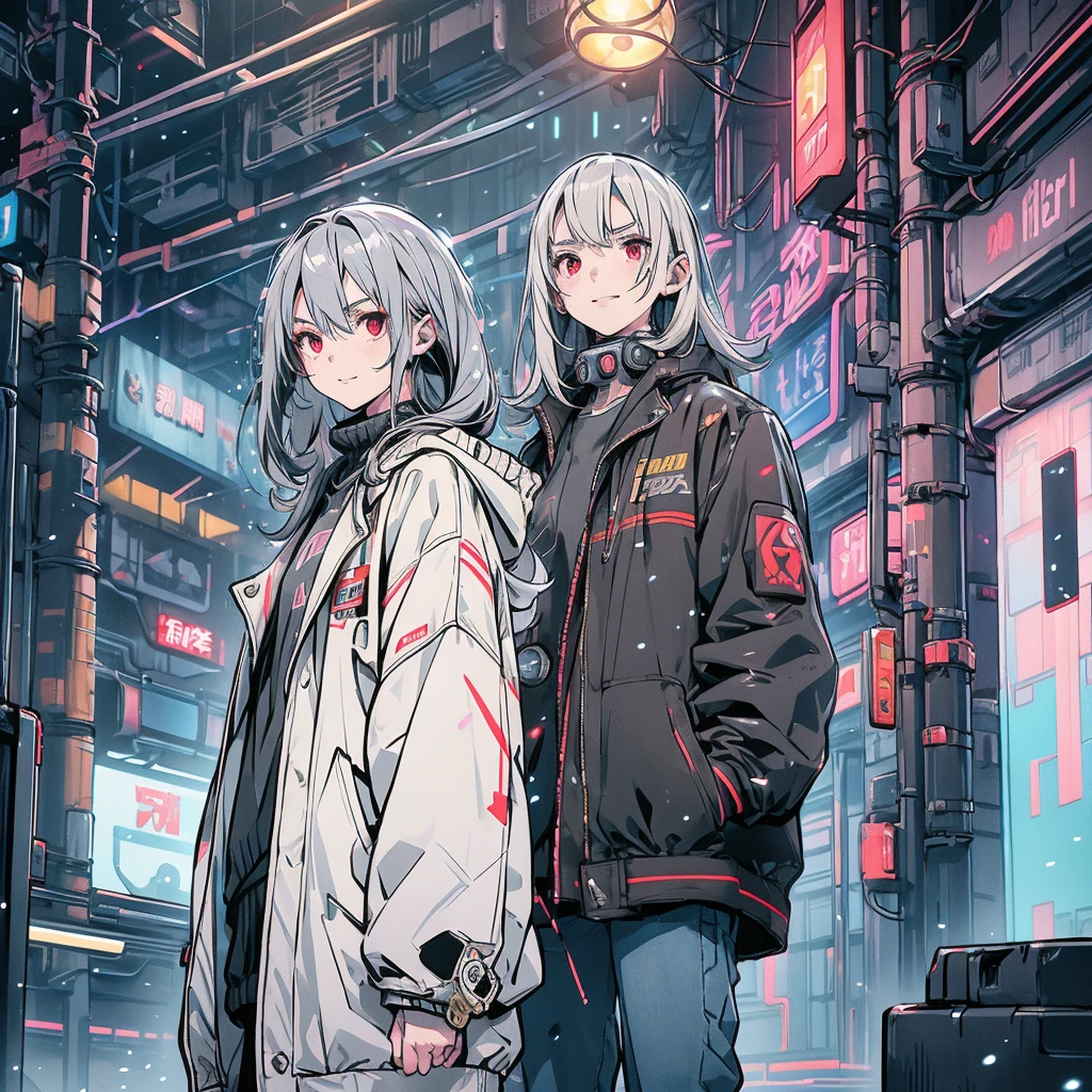 One girl, , slim, Small breasts, Gray Hair, Hair between the eyes, Shoulder-length hair, Pale skin, Bright red eyes:1.3, White duffle coat and long-sleeved black sweater, Open jacket, jeans, A gold pocket watch hung around his neck, break kawaii, smile, Cowboy Shot, Pause, (cyber punk:1.3), city, Neon Light, (Light Particles:1.3), break detailed face, Smooth Skin, Cinema Lighting, Volumetric Shadows, break 3D CG illustration, score_9, score_8_superior, score_7_superior, (masterpiece:1.2), (Highest quality:1.2), (so beautiful:1.2), (Absurd:1.2), (Detailed Background), up to date, (Complex:1.2), AI-generated, break