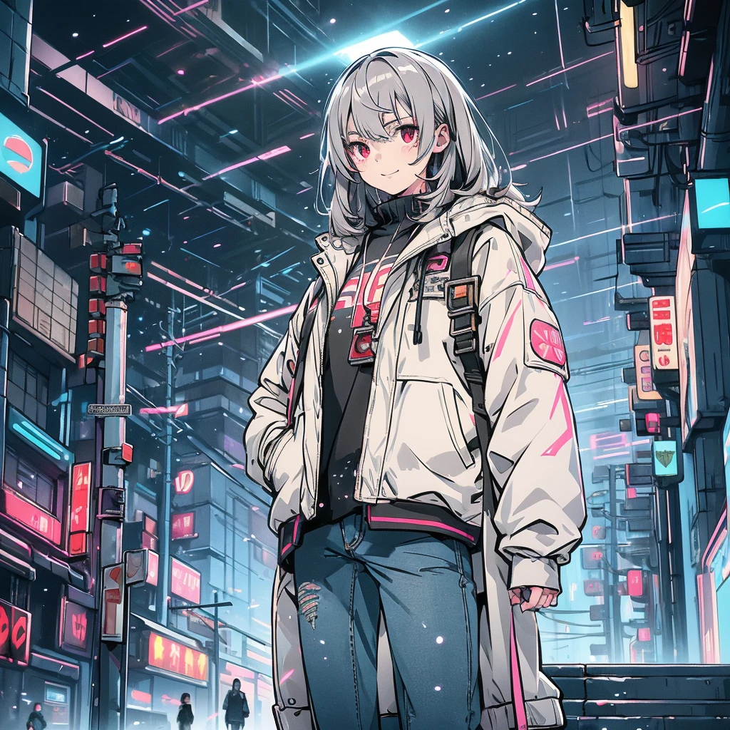 One girl, , slim, Small breasts, Gray Hair, Hair between the eyes, Shoulder-length hair, Pale skin, Bright red eyes:1.3, White duffle coat and long-sleeved black sweater, Open jacket, jeans, A gold pocket watch hung around his neck, break kawaii, smile, Cowboy Shot, Pause, (cyber punk:1.3), city, Neon Light, (Light Particles:1.3), break detailed face, Smooth Skin, Cinema Lighting, Volumetric Shadows, break 3D CG illustration, score_9, score_8_superior, score_7_superior, (masterpiece:1.2), (Highest quality:1.2), (so beautiful:1.2), (Absurd:1.2), (Detailed Background), up to date, (Complex:1.2), AI-generated, break