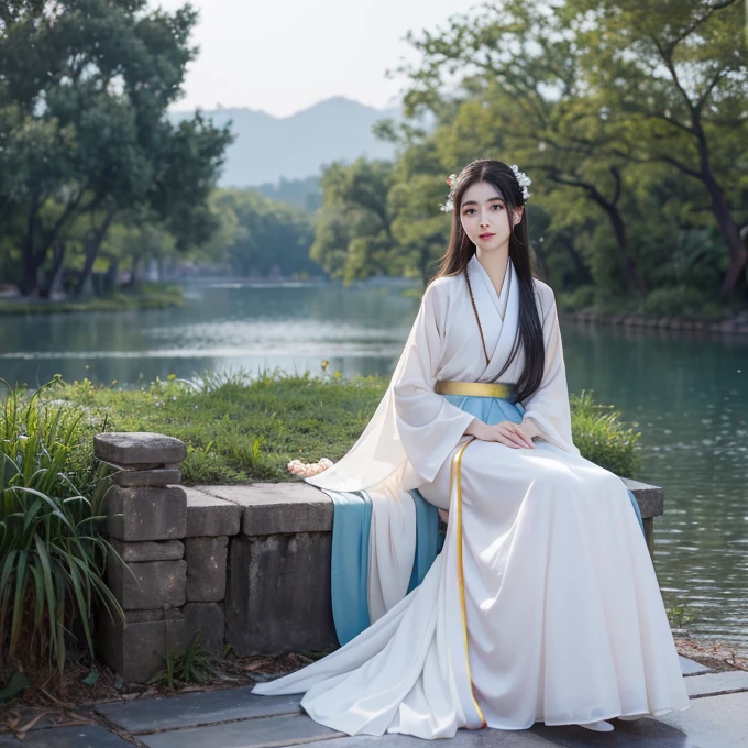 Best image quality，Very detailed，Very high resolution，Perfect body proportions，Works of top photographers。Beautiful Hanfu girl，Long eyelashes，big eyes，Shining eyes，Eye bags，Full lips，Small nose，Happy expression，Sweet，Exquisite makeup，full-body shot，snow White, The legs are thin and straight，Snow-white skin，White embroidered skirt，neckLace，Showing long legs，Lace，Sweet，Long hair flying，best quality，masterpiece，，Imagine，Seven-part shooting model: Hanfu, CFG scale: 7, Lola: Future Fashion(0.4)、rainbow(0.4)、Martial Arts(0.2)、Asian face woman-2(0.4)、Poetic fairy tale(0.01)