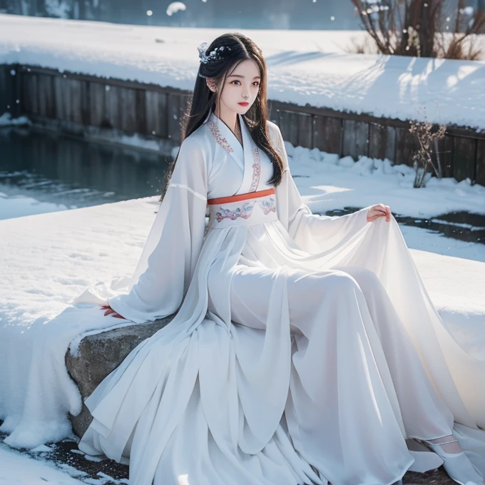 Best image quality，Very detailed，Very high resolution，Perfect body proportions，Works of top photographers。Beautiful Hanfu girl，Long eyelashes，big eyes，Shining eyes，Eye bags，Full lips，Small nose，Happy expression，Sweet，Exquisite makeup，full-body shot，snow White, The legs are thin and straight，Snow-white skin，White embroidered skirt，neckLace，Showing long legs，Lace，Sweet，Long hair flying，best quality，masterpiece，，Imagine，Seven-part shooting model: Hanfu, CFG scale: 7, Lola: Future Fashion(0.4)、rainbow(0.4)、Martial Arts(0.2)、Asian face woman-2(0.4)、Poetic fairy tale(0.01)