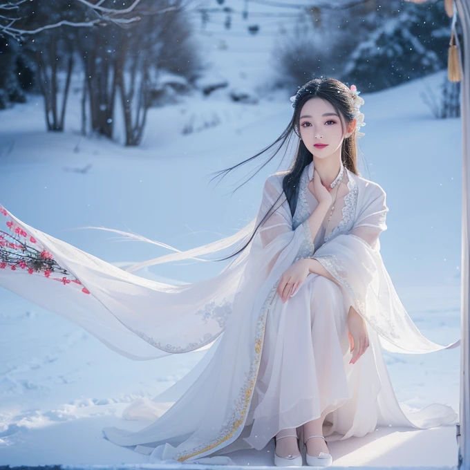 Best image quality，Very detailed，Very high resolution，Perfect body proportions，Works of top photographers。Beautiful Hanfu girl，Long eyelashes，big eyes，Shining eyes，Eye bags，Full lips，Small nose，Happy expression，Sweet，Exquisite makeup，full-body shot，snow White, The legs are thin and straight，Snow-white skin，White embroidered skirt，neckLace，Showing long legs，Lace，Sweet，Long hair flying，best quality，masterpiece，，Imagine，Seven-part shooting model: Hanfu, CFG scale: 7, Lola: Future Fashion(0.4)、rainbow(0.4)、Martial Arts(0.2)、Asian face woman-2(0.4)、Poetic fairy tale(0.01)