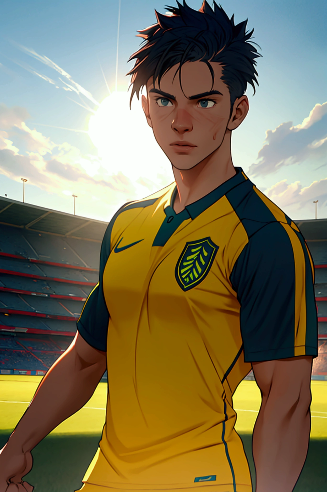 a soccer player in a soccer uniform training on the field, detailed sports uniform, detailed facial features, muscular athletic body, dynamic action pose, outdoor soccer field with grass, sunlight, detailed textures and lighting, cinematic composition, photorealistic, 8k, high quality