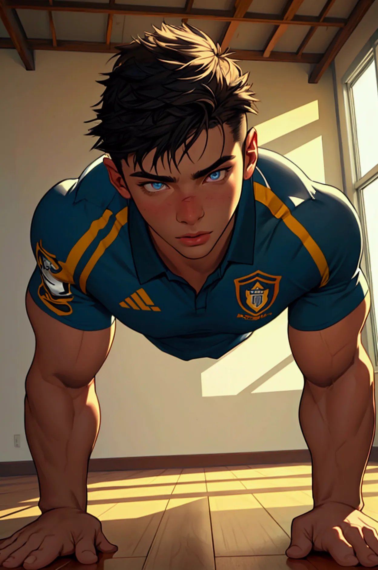 a muscular young man in a soccer uniform doing push-ups on the floor, realistic, photorealistic, high detail, extremely detailed...