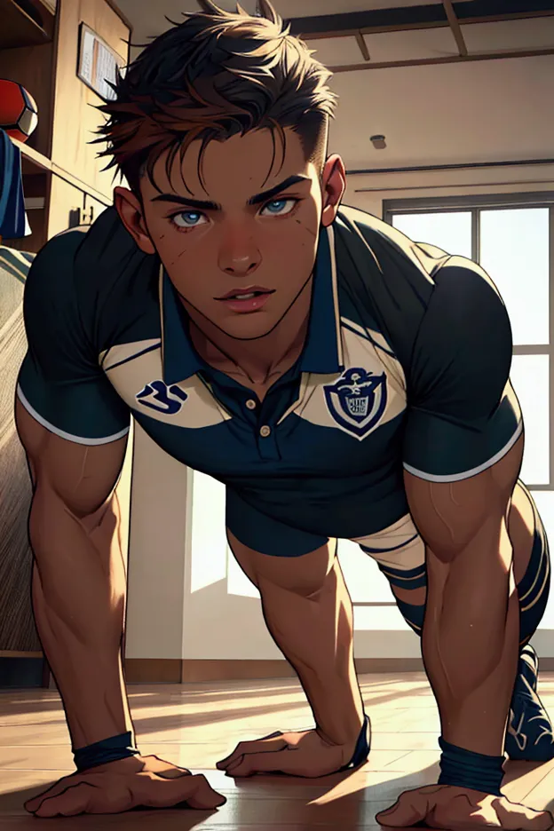 a muscular young man in a soccer uniform doing push-ups on the floor, realistic, photorealistic, high detail, extremely detailed...