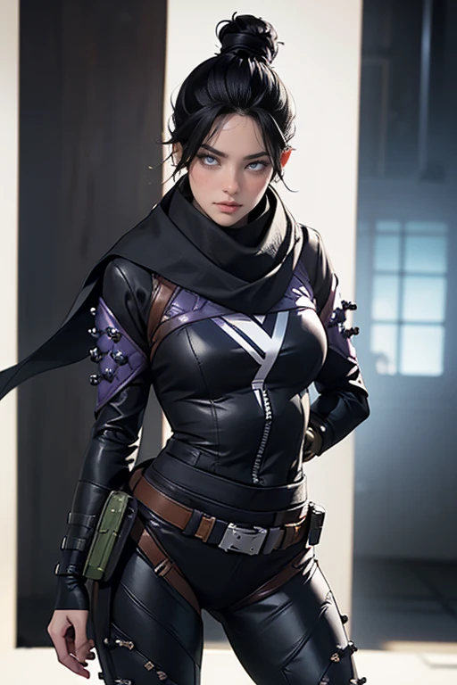 Foto de corpo inteiro, (Highly detailed CG Unity 8k wallpaper),(masterpiece), (highest quality), (super detailed), (Best Illustration),(best shadow), Wraith apex legends, pretty face focus, Masterpiece artwork, best qualityer, kissshotms, 1 girl, natta, Efeito de Luz, Masterpiece artwork, best qualityer, 1 girl, mature woman, breasts big, 8k, UHF, (abdomen, )muscular woman, Waist slender, detailedeyes, FGO1, 1stClothing, 1 girl, solo, hair bun simples, hair bun, scarf, sultry posing, Bblack hair, black scarf, blue colored eyes, bangss, bangss distributed, Hair behind the ear, mitts, piercing no nariz, mitts pretas