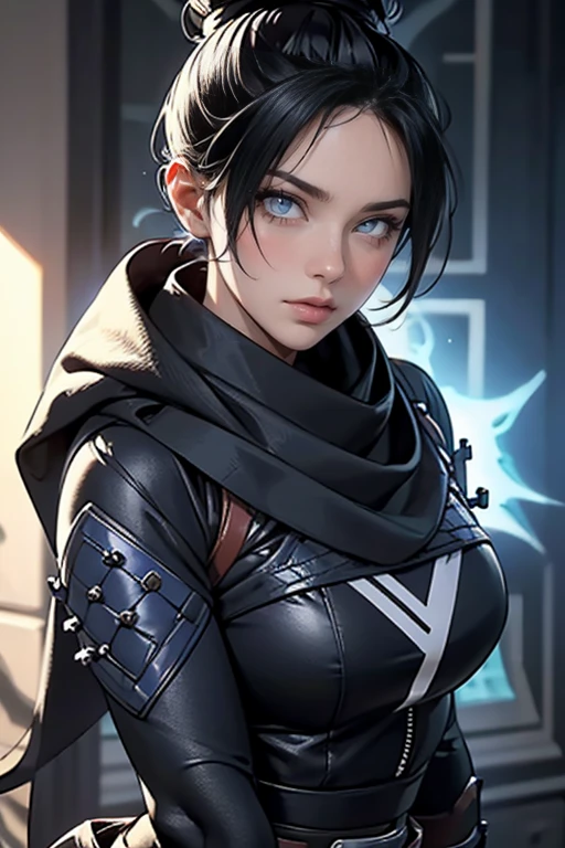 Foto de corpo inteiro, (Highly detailed CG Unity 8k wallpaper),(masterpiece), (highest quality), (super detailed), (Best Illustration),(best shadow), Wraith apex legends, pretty face focus, Masterpiece artwork, best qualityer, kissshotms, 1 girl, natta, Efeito de Luz, Masterpiece artwork, best qualityer, 1 girl, mature woman, breasts big, 8k, UHF, (abdomen, )muscular woman, Waist slender, detailedeyes, FGO1, 1stClothing, 1 girl, solo, hair bun simples, hair bun, scarf, sultry posing, Bblack hair, black scarf, blue colored eyes, bangss, bangss distributed, Hair behind the ear, mitts, piercing no nariz, mitts pretas