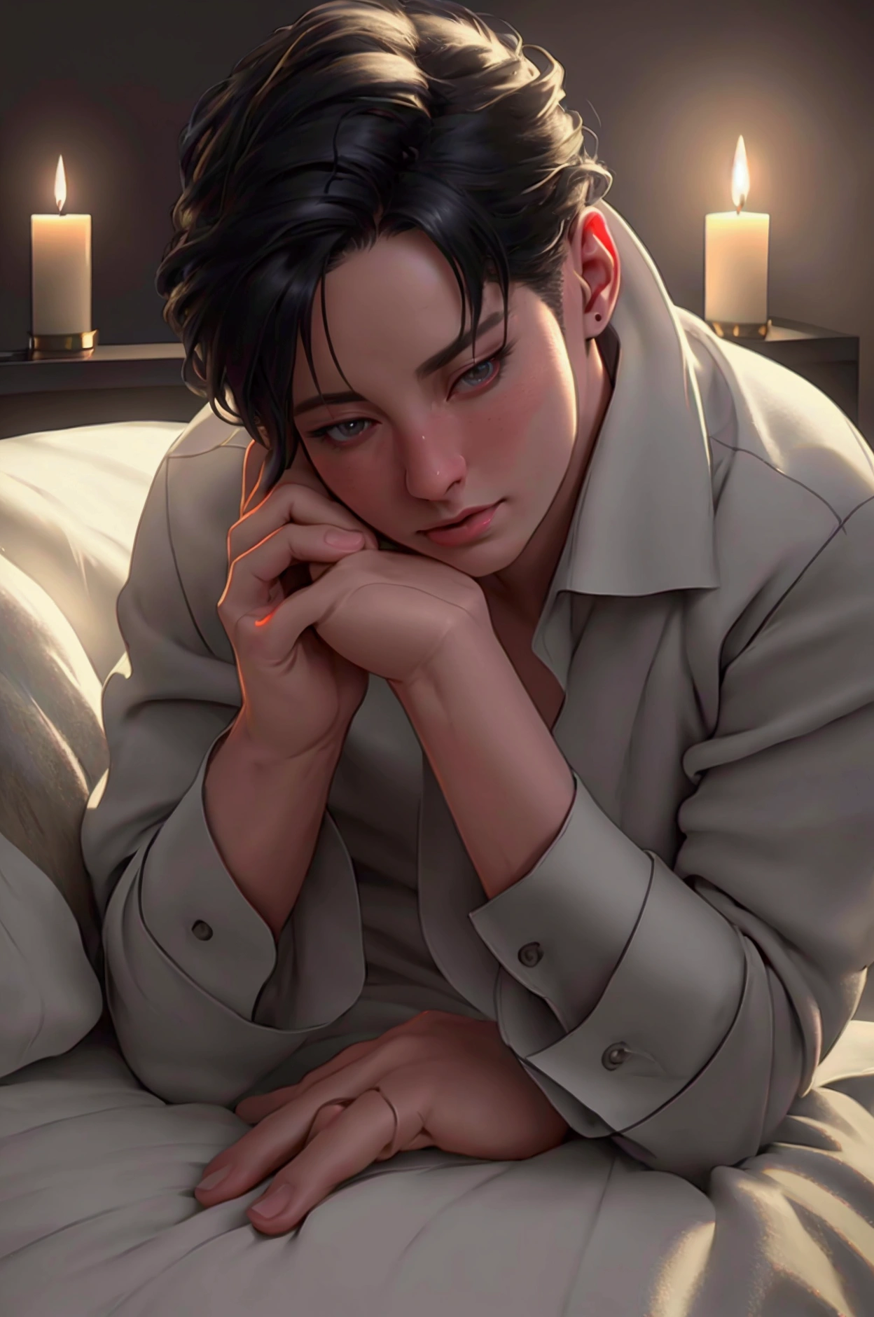 A young man praying on his knees in bed, detailed face, closeup portrait, serene expression, religious, candle light, dramatic lighting, chiaroscuro, muted color tones, high contrast, (best quality,4k,8k,highres,masterpiece:1.2),ultra-detailed,(realistic,photorealistic,photo-realistic:1.37)