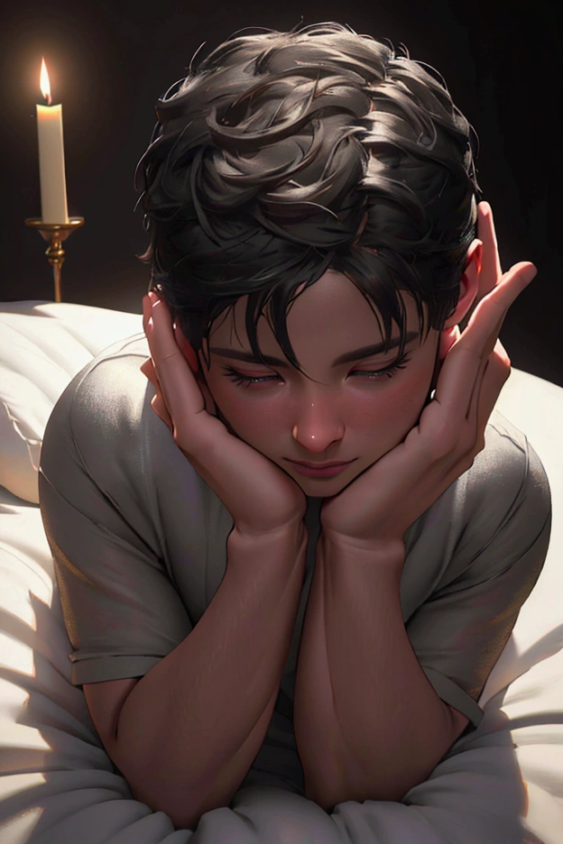 A young man praying on his knees in bed, detailed face, closeup portrait, serene expression, religious, candle light, dramatic lighting, chiaroscuro, muted color tones, high contrast, (best quality,4k,8k,highres,masterpiece:1.2),ultra-detailed,(realistic,photorealistic,photo-realistic:1.37)