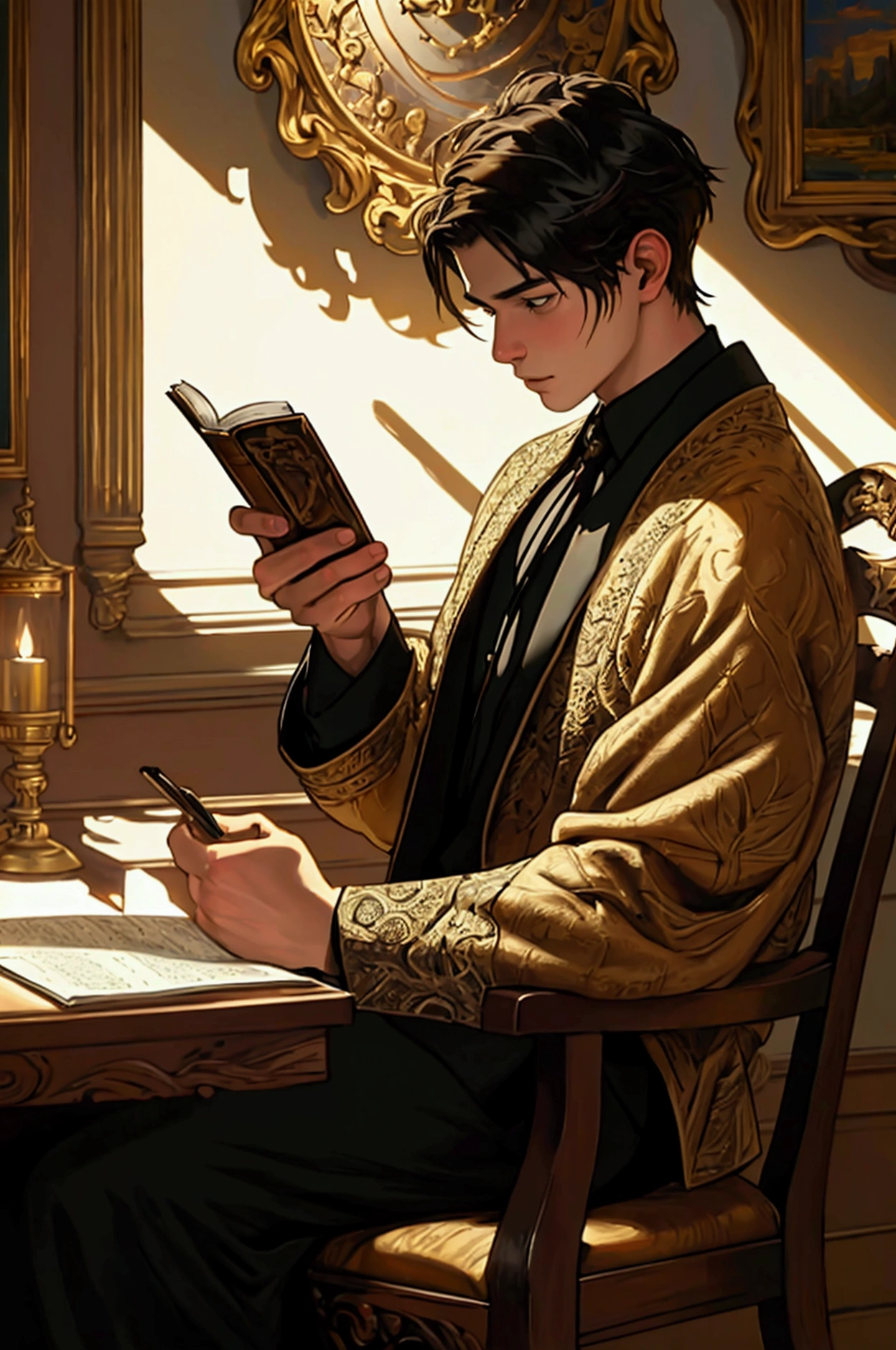 detailed portrait of a young man reading the bible, sitting in a chair, hyper realistic, intricate details, warm lighting, photorealistic, cinematic composition, dramatic shadows, ornate wooden chair, rich textures, oil painting, masterpiece