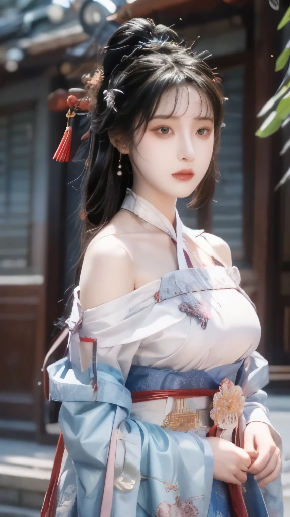 （high quality、Top quality、realism、Unified 8K：1.5）masterpiece，Maximum resolution，A girl，healthy plump body，Big boobs：1.3，Body facing the camera：1.3，AttentiontoDetail，Sexy，noble，Pretty Face：1.2，Hair details，The texture of the details：1.1，Translucent effect：1.3，translucent and gorgeous Hanfu：1.4，Flower embroidery：1.1，Off-shoulder，sling，cleveage，silk，close-fitting clothes，Black long hair，Chinese Hair Accessories，Thin waist，cliff，dusk
