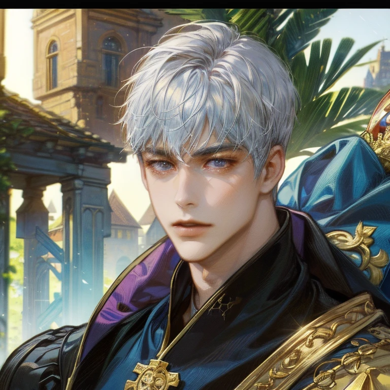 (absurd, mackerel, very detailed, HDR), masterpiece, best quality, Close-up portrait of a prince character "Disney", Male hero in a village with detailed scenery, Detailed background scenery 