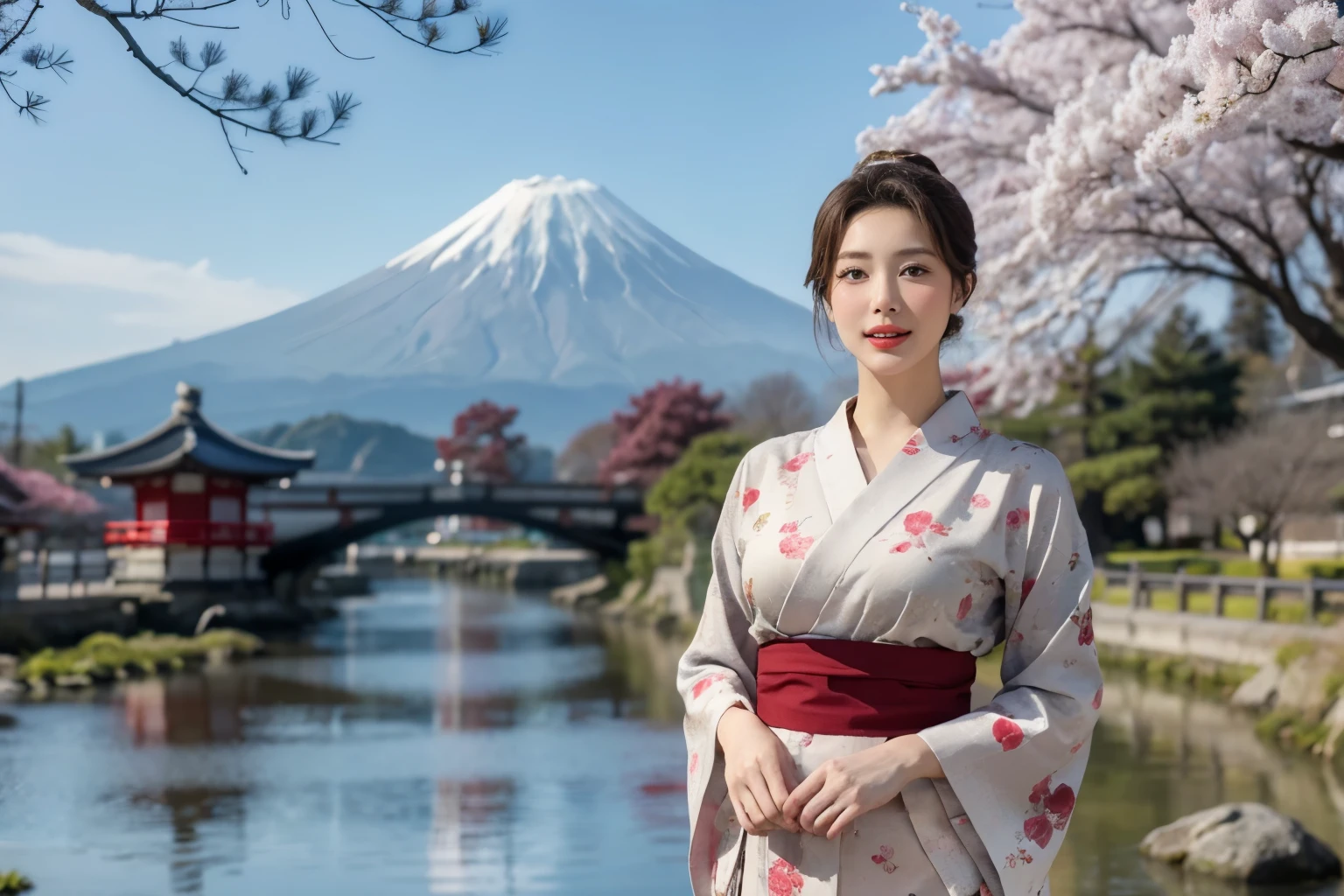 Create a photorealistic illustration featuring a mature woman with a Japanese hairstyle, standing gracefully under a cherry tree in Kyoto with Mount Fuji visible in the background. She has broad shoulders and is wearing a beautiful, detailed, long-sleeved red kimono. The woman is smiling softly, exuding confidence and elegance, while light snow falls around her, creating a serene morning atmosphere. The style should reflect a vintage pin-up art aesthetic, with a focus on high-quality, high-resolution details. The overall composition should evoke the charm and allure of 1950s pin-up art while maintaining a modern, refined look.