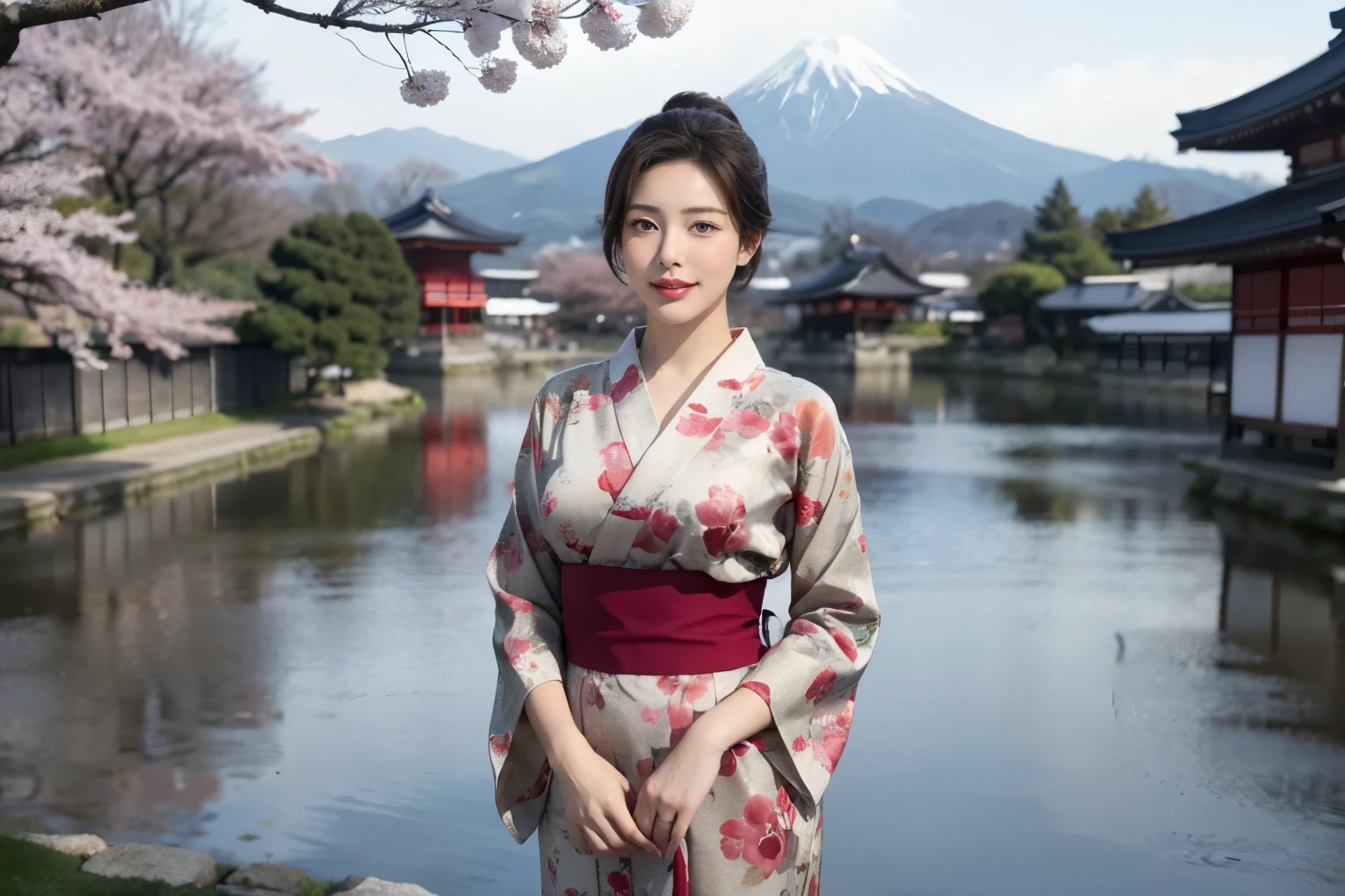 Create a photorealistic illustration featuring a mature woman with a Japanese hairstyle, standing gracefully under a cherry tree in Kyoto with Mount Fuji visible in the background. She has broad shoulders and is wearing a beautiful, detailed, long-sleeved red kimono. The woman is smiling softly, exuding confidence and elegance, while light snow falls around her, creating a serene morning atmosphere. The style should reflect a vintage pin-up art aesthetic, with a focus on high-quality, high-resolution details. The overall composition should evoke the charm and allure of 1950s pin-up art while maintaining a modern, refined look.