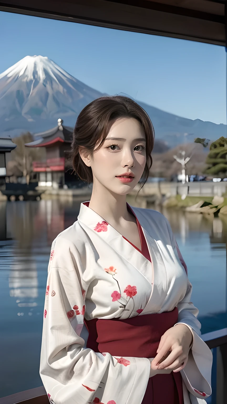 Create a photorealistic illustration featuring a mature woman with a Japanese hairstyle, standing gracefully under a cherry tree in Kyoto with Mount Fuji visible in the background. She has broad shoulders and is wearing a beautiful, detailed, long-sleeved red kimono. The woman is smiling softly, exuding confidence and elegance, while light snow falls around her, creating a serene morning atmosphere. The style should reflect a vintage pin-up art aesthetic, with a focus on high-quality, high-resolution details. The overall composition should evoke the charm and allure of 1950s pin-up art while maintaining a modern, refined look.