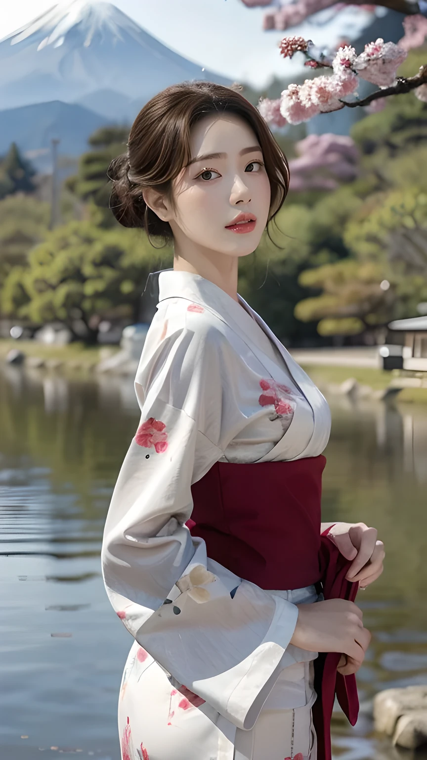 Create a photorealistic illustration featuring a mature woman with a Japanese hairstyle, standing gracefully under a cherry tree in Kyoto with Mount Fuji visible in the background. She has broad shoulders and is wearing a beautiful, detailed, long-sleeved red kimono. The woman is smiling softly, exuding confidence and elegance, while light snow falls around her, creating a serene morning atmosphere. The style should reflect a vintage pin-up art aesthetic, with a focus on high-quality, high-resolution details. The overall composition should evoke the charm and allure of 1950s pin-up art while maintaining a modern, refined look.