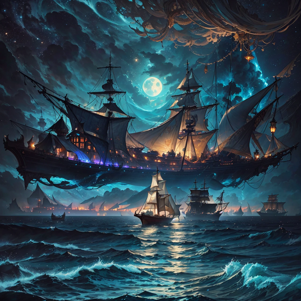 a painting of a ship sailing in the ocean at night, concept art inspired by gaston bussiere, Artstation contest winner, fantasy art, detailed cover artwork, peter mohrbacher and dan mumford, highly detailed cover art, detailed fantasy digital art, anton fadeev and dan mumford, dan mumford and peter mohrbacher, detailed digital 2d fantasy art