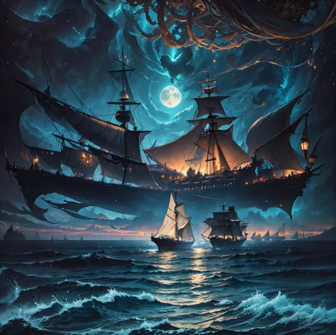 a painting of a ship sailing in the ocean at night, concept art inspired by gaston bussiere, artstation contest winner, fantasy ...