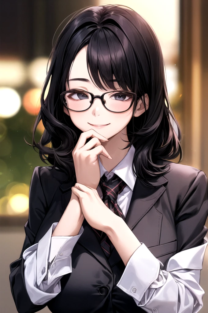 One person, Women, 2、Glasses、Black Hair、Big Breasts、Medium Hair、business suit、Face Focus, Best, bow, Highest quality, Detailed face, office, Detailed Background, Diffused sunlight, Depth of written boundary, Bokeh、smile