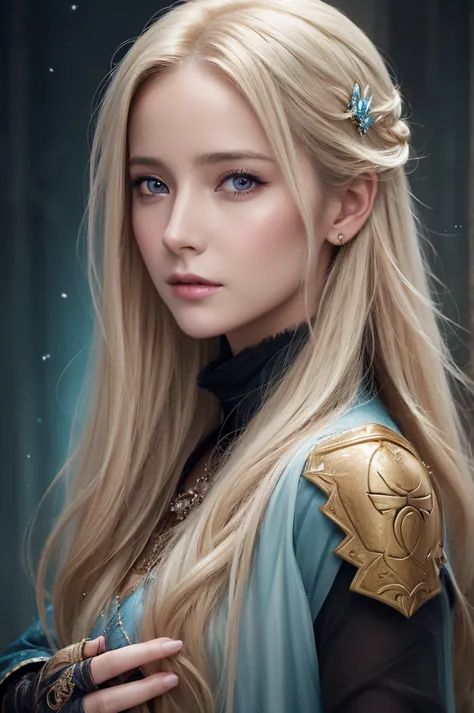 close-up of a woman with long blonde hair holding a mobile phone, magali villeneuveに触発されて, fantasy art portraits, fantasy portra...