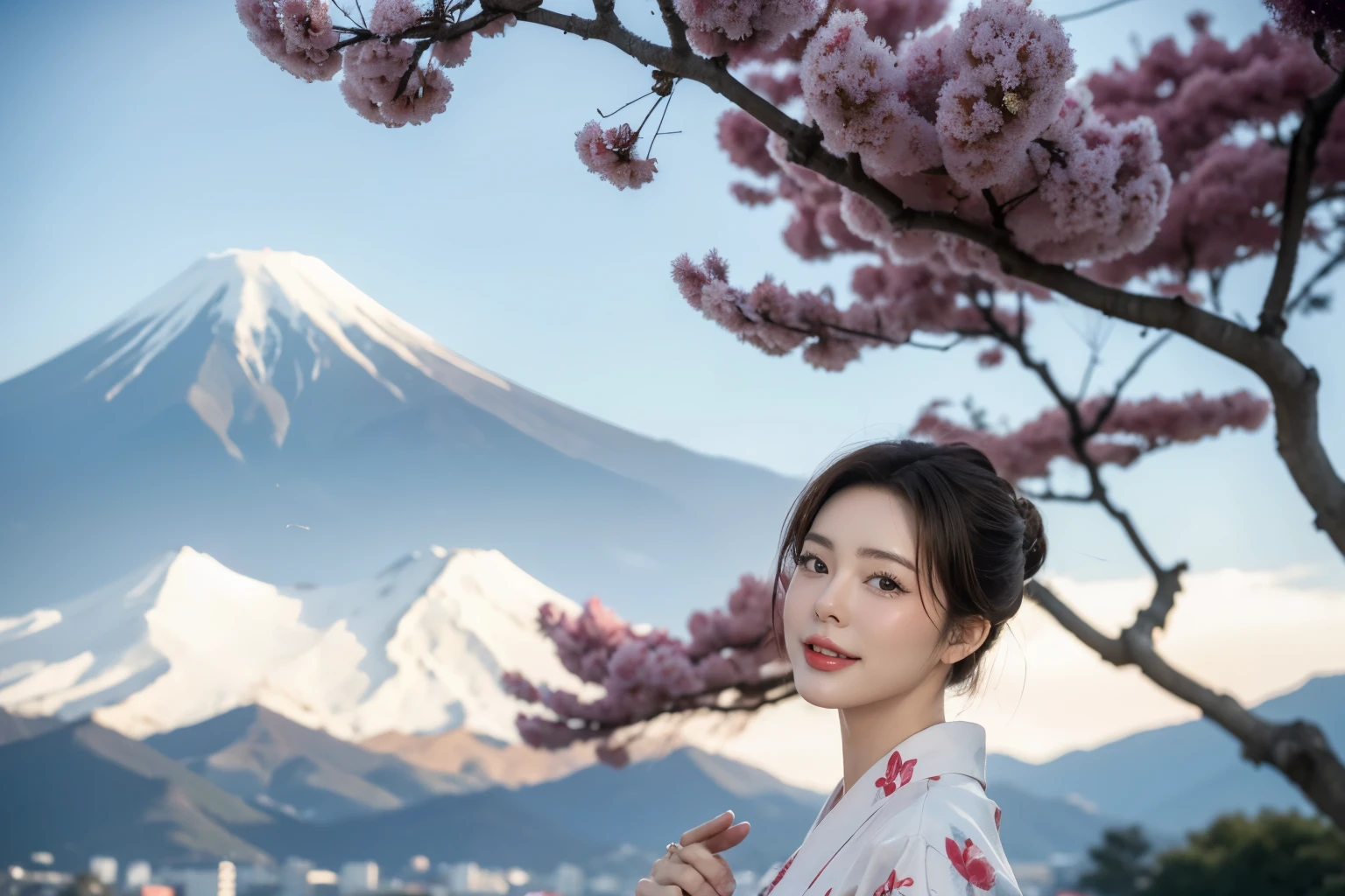 Create a photorealistic illustration featuring a mature woman with a Japanese hairstyle, standing gracefully under a cherry tree in Kyoto with Mount Fuji visible in the background. She has broad shoulders and is wearing a beautiful, detailed, long-sleeved red kimono. The woman is smiling softly, exuding confidence and elegance, while light snow falls around her, creating a serene morning atmosphere. The style should reflect a vintage pin-up art aesthetic, with a focus on high-quality, high-resolution details. The overall composition should evoke the charm and allure of 1950s pin-up art while maintaining a modern, refined look.