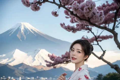 create a photorealistic illustration featuring a mature woman with a japanese hairstyle, standing gracefully under a cherry tree...