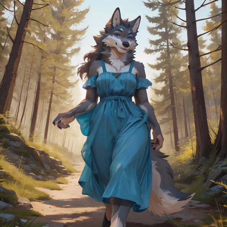 Masterpiece, best quality, high quality, 1Anthro Female wolf, has grey fur on her body, has 1Wolf tail, has Blue eyes, beautiful detailed eyes, wears Blue Long dress, Smile, walking, in the forest, sunny day