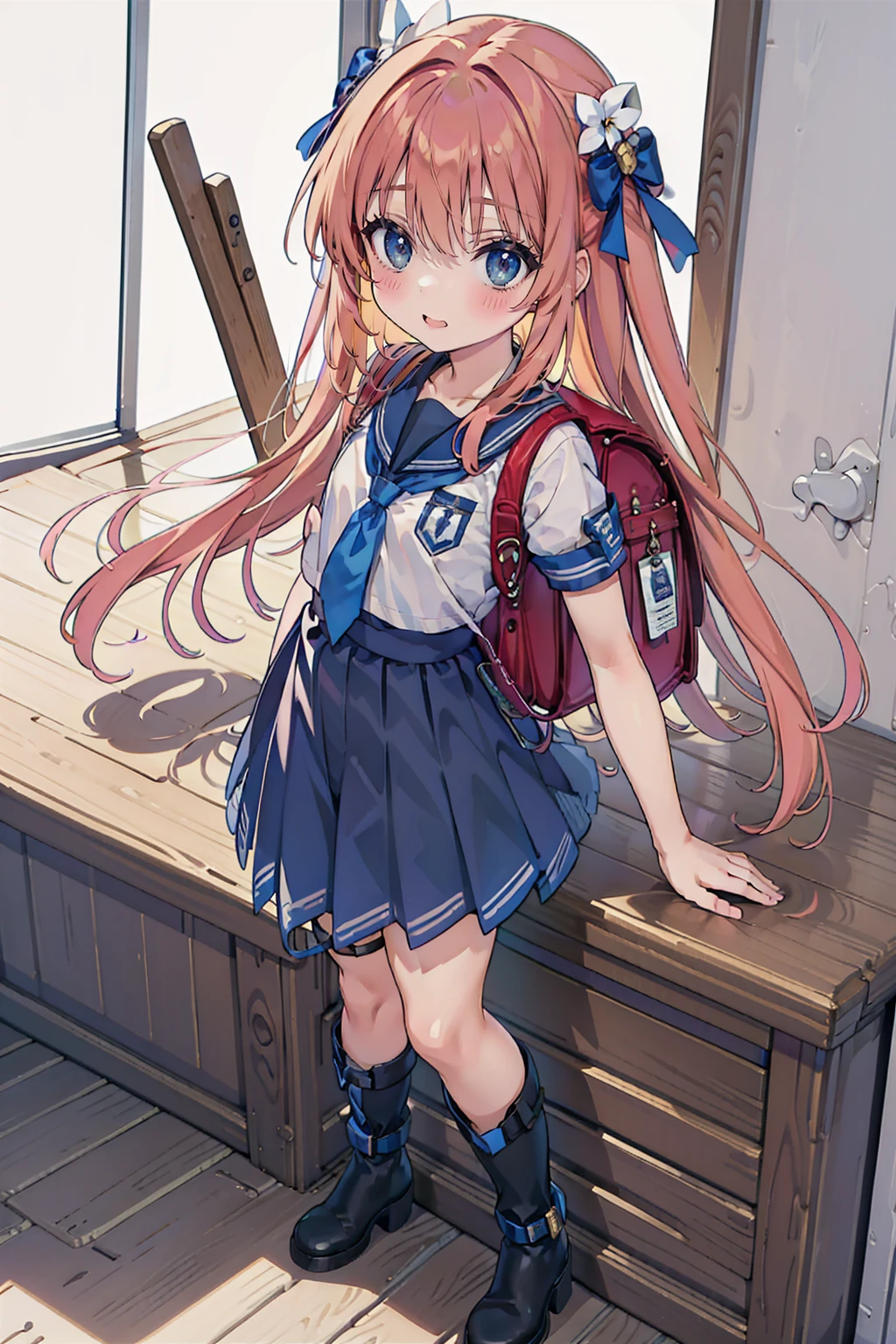 Anime Style、Storytelling、、beautiful girl、とてもcute天使、Red school bag、cute、Baby Face、smile、Long skirt、Black long boots、Very cute headband、Very cute dress
